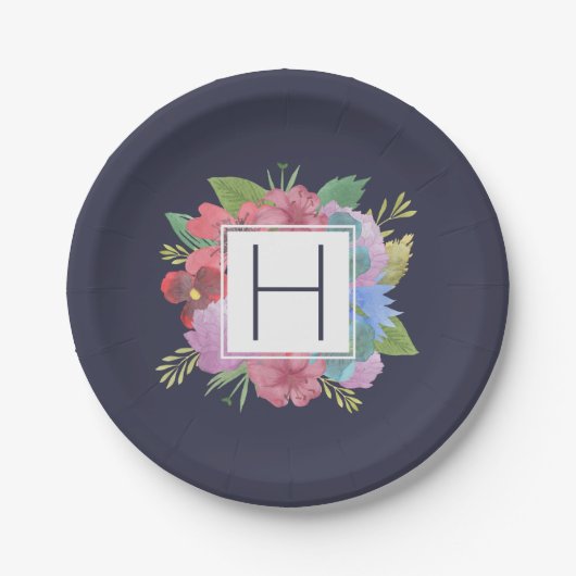 Monogram Wildflower Bouquet Navy Papieren Bordje (Voorkant)