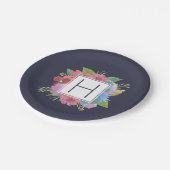 Monogram Wildflower Bouquet Navy Papieren Bordje (Gekanteld)