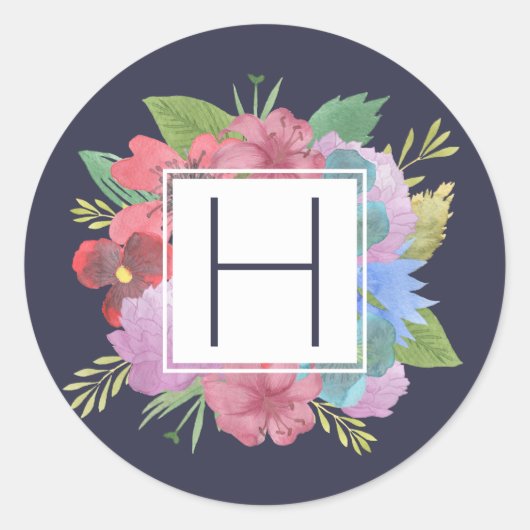 Monogram Wildflower Bouquet Navy Ronde Sticker (Voorkant)