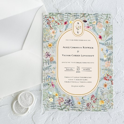  monogram Wildflower Fern Beige Wedding Acryl Uitnodigingen