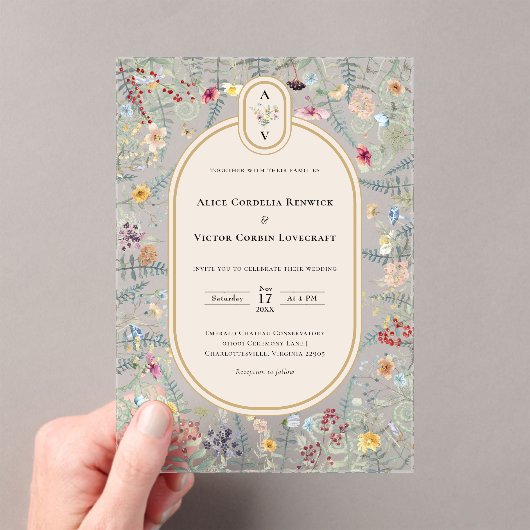 monogram Wildflower Fern Beige Wedding Acryl Uitnodigingen (Insitu (Draagbaar))