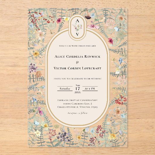  monogram Wildflower Fern Beige Wedding Acryl Uitnodigingen (Voorkant)
