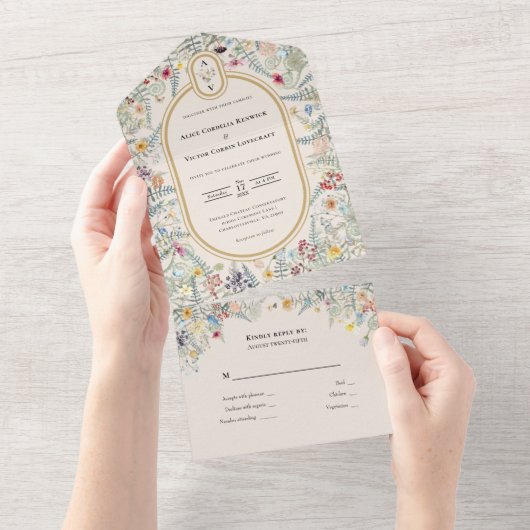 monogram Wildflower Fern Beige Wedding All In One Uitnodiging (Afscheurbaar)