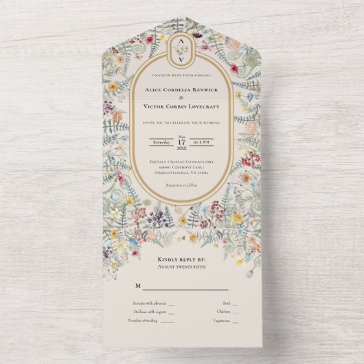 monogram Wildflower Fern Beige Wedding All In One Uitnodiging (Binnen)