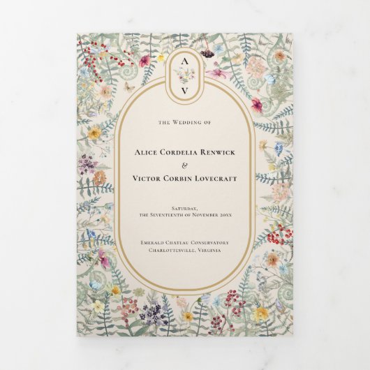  monogram Wildflower Fern Beige Wedding Drieluik Uitnodiging (Cover)