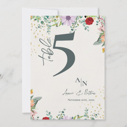 Monogram Wildflowers Bloemen Trouwtafel Nummer Bedankkaart (Voorkant)