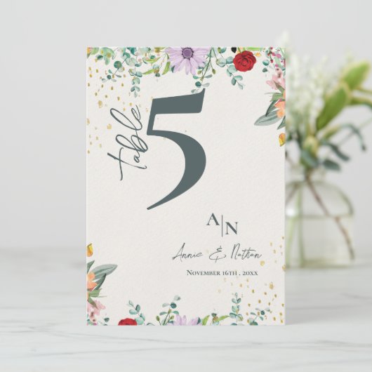 Monogram Wildflowers Bloemen Trouwtafel Nummer Bedankkaart (Staand voorkant)