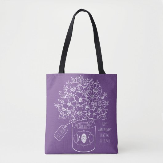 Monogram Wildflowers Boeket Hand-Drawn Mason Jar Tote Bag (Voorkant)