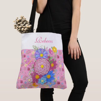 Monogram Wildflowers vlinder bloemontwerp roze Tote Bag