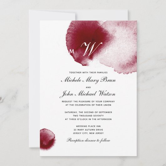 Monogram Wine Red Spill Burgundy Wedding Invite Kaart (Voorkant)