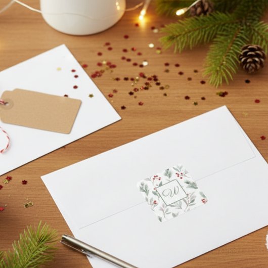 Monogram Winter Botanische Papier Vierkante Sticker