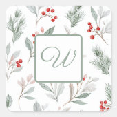 Monogram Winter Botanische Papier Vierkante Sticker (Voorkant)