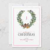 Monogram Winter Cone Berry Wreath Merry Kerstmis Feestdagenkaart (Voorkant)