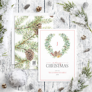 Monogram Winter Cone Berry Wreath Merry Kerstmis Feestdagenkaart