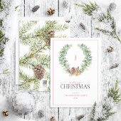 Monogram Winter Cone Berry Wreath Merry Kerstmis Feestdagenkaart