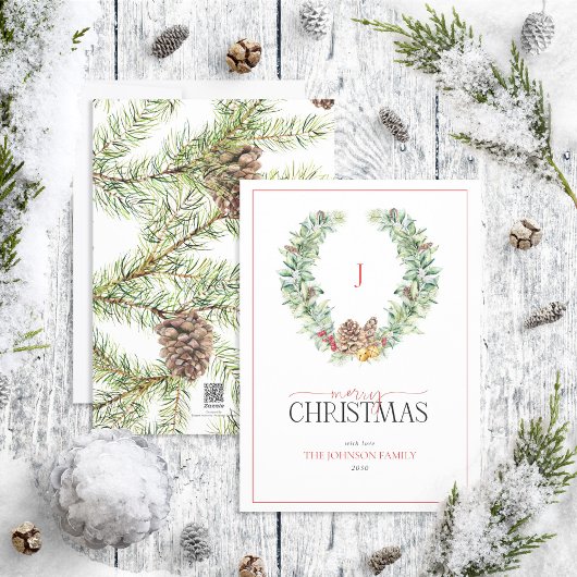 Monogram Winter Cone Berry Wreath Merry Kerstmis Feestdagenkaart