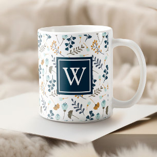 Monogram Winter Floral Botanische marine Koffiemok