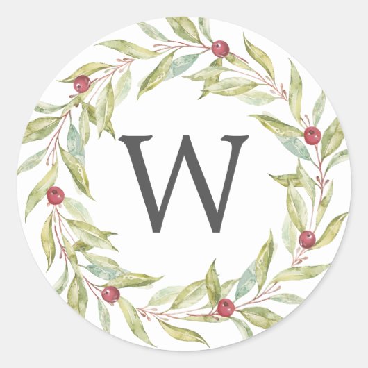 Monogram Winter Greenery laat kerst in Berries Ronde Sticker (Voorkant)
