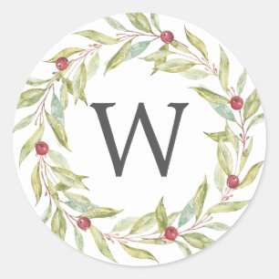 Monogram Winter Greenery laat kerst in Berries Ronde Sticker