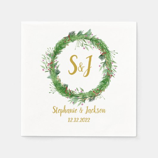 Monogram | Winter groen blad krans Bruiloft Servet (Voorkant)