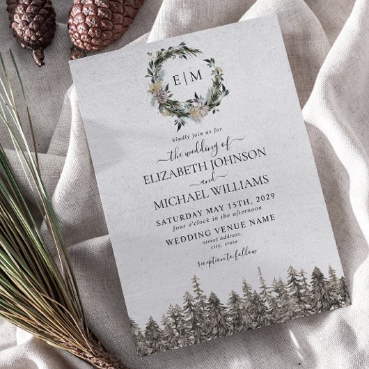 Monogram Winter Waterverf Floral krans bruiloft Kaart