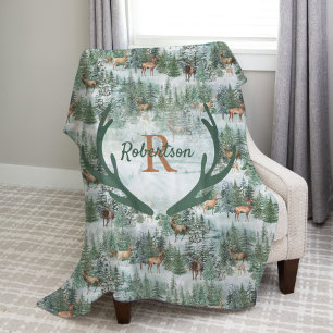 Monogram Winter Woodland Deer Fleece Deken