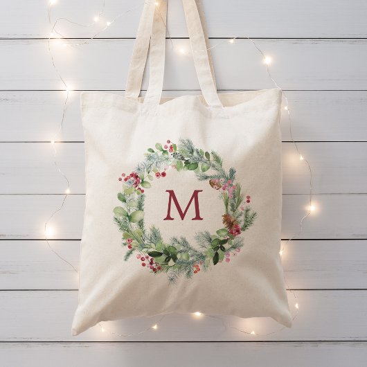 Monogram wintergroen krans in watercolor tote bag