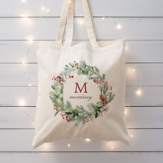 Monogram wintergroen krans in watercolor tote bag