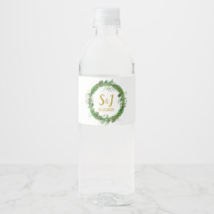 Monogram   Wintergroene Huwelijksgunst Krans Waterfles Etiket