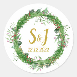 Monogram | Winterse groene huwelijksenvelopzegel Ronde Sticker
