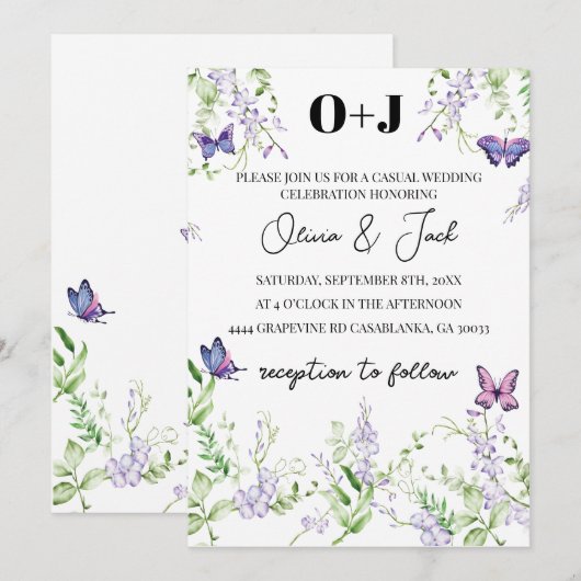 Monogram wisteria bloem vlinder bruiloft kaart (Voorkant / Achterkant)