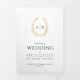 Monogram wit bruin bruinktbruinbruidegaal, optie R Drieluik Uitnodiging