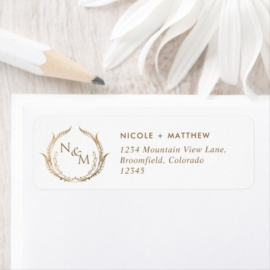 Monogram Wit en Goud Bruiloft Retouradres Etiket (Insitu)