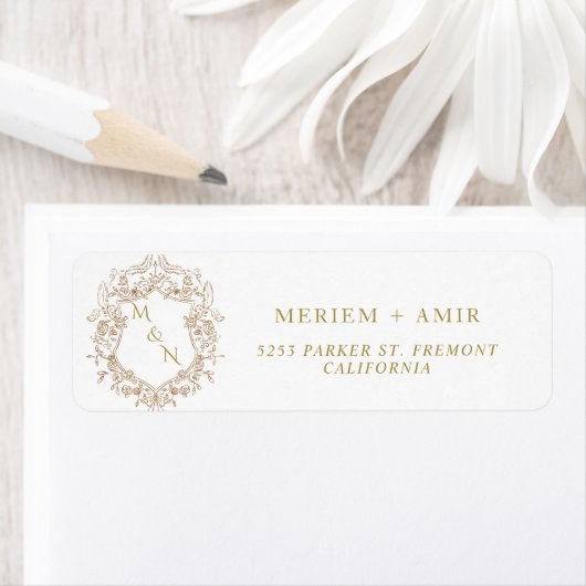 Monogram Wit en Goud Huwelijk Retouradres Etiket (Insitu)