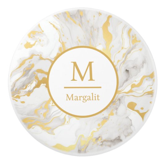 Monogram Wit en Goud Nepmarmer Keramische Knop (Voorkant)
