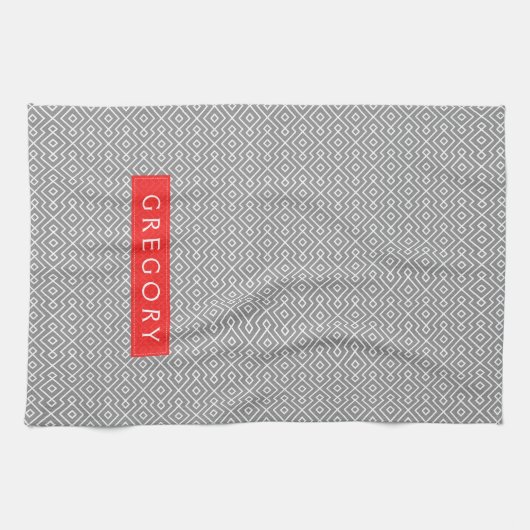 Monogram wit en grijs geometrisch patroon theedoek (Horizontaal)