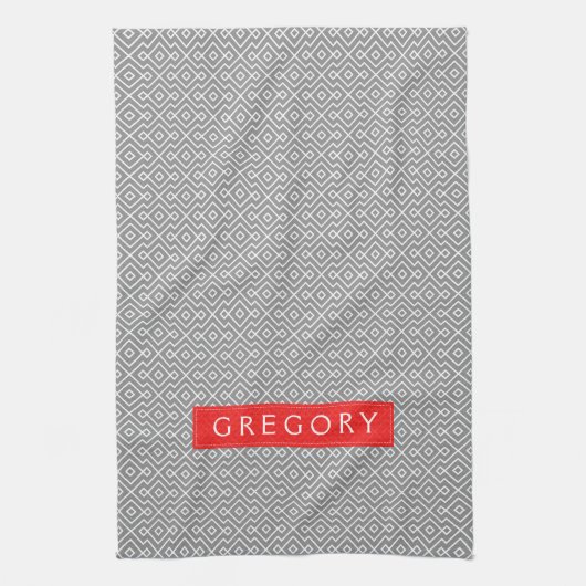 Monogram wit en grijs geometrisch patroon theedoek (Verticaal)