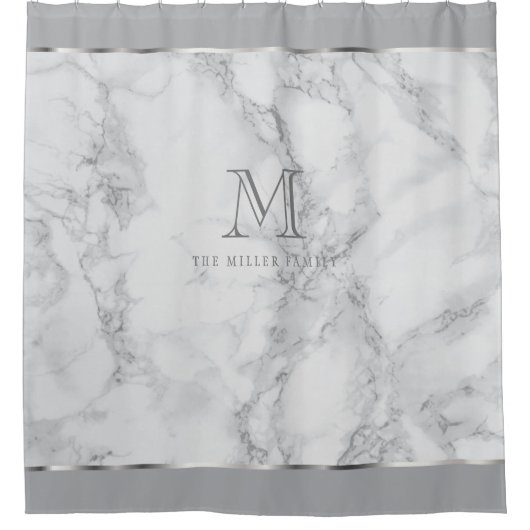 Monogram Wit en grijs Marmer Ontwerp Douchegordijn (Voorkant)