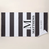 Monogram Wit en Navy Blue Stripes Familienaam Strandlaken (Voorkant)