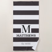 Monogram Wit en Navy Blue Stripes Familienaam Strandlaken (Voorkant)