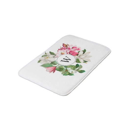 Monogram  wit en roze Magnolia Flowers Badmat (Gekanteld)