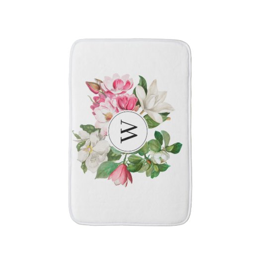 Monogram  wit en roze Magnolia Flowers Badmat (Voorkant Verticaal)