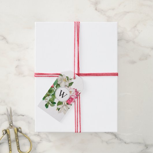 Monogram  wit en roze Magnolia Flowers Cadeaulabel (Met Touw)