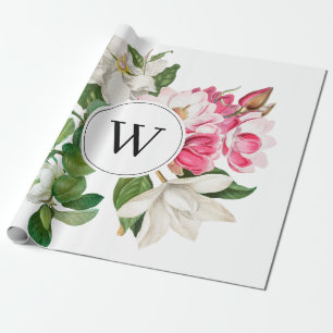 Monogram  wit en roze Magnolia Flowers Cadeaupapier