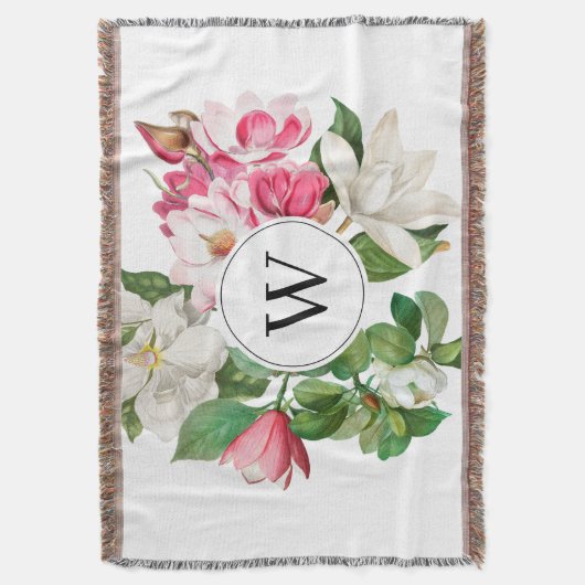 Monogram wit en roze Magnolia Flowers Deken (Voorkant Verticaal)