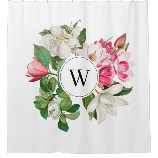Monogram wit en roze Magnolia Flowers Douchegordijn (Voorkant)