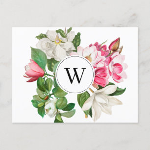 Monogram  wit en roze Magnolia Flowers Feestdagenkaart