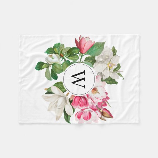 Monogram wit en roze Magnolia Flowers Fleece Deken (Voorkant (Horizontaal))