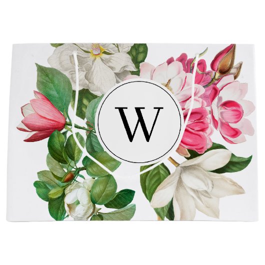 Monogram  wit en roze Magnolia Flowers Groot Cadeauzakje (Voorkant)