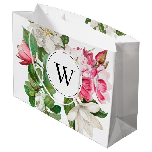 Monogram  wit en roze Magnolia Flowers Groot Cadeauzakje (Achterkant Gekanteld)